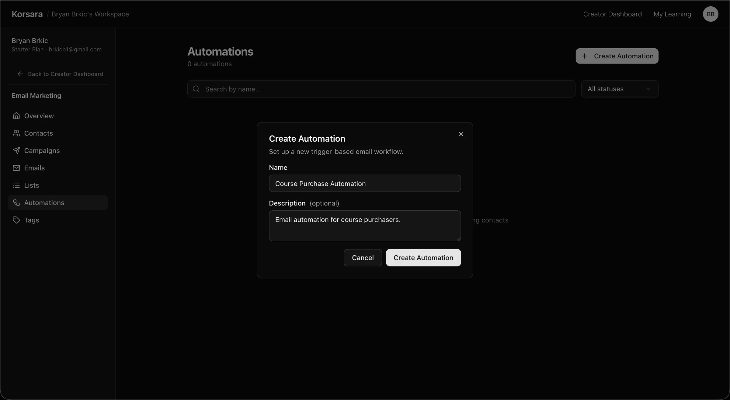 A newly created course purchase automation in Korsara.