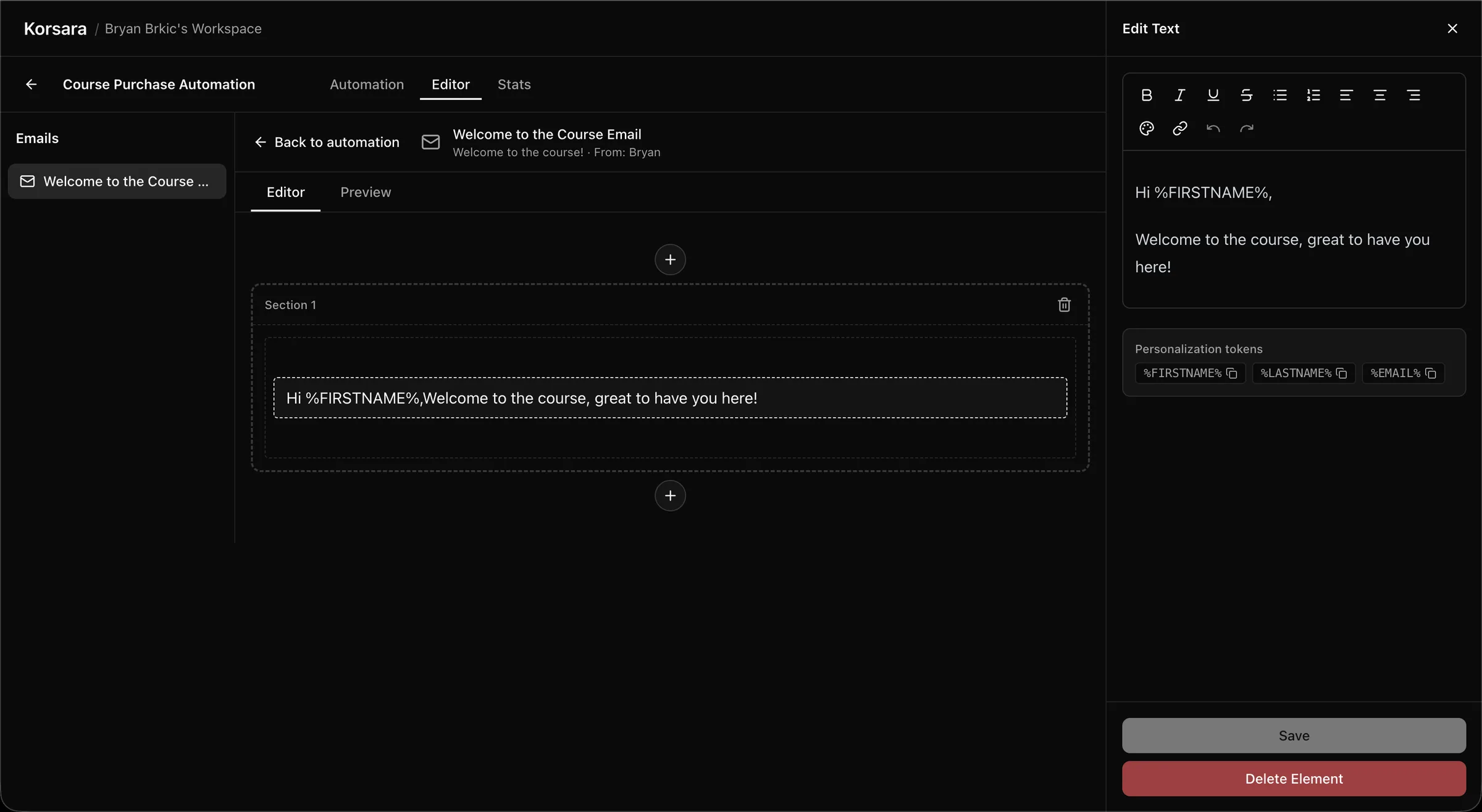 Editing the content of an automated email in Korsara.