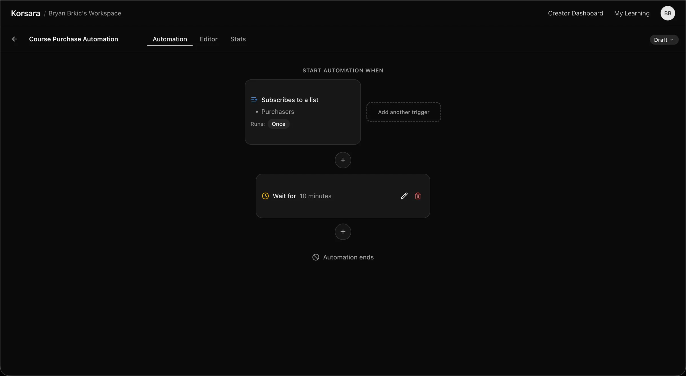 A wait step in a Korsara automation set to hold for 10 minutes.