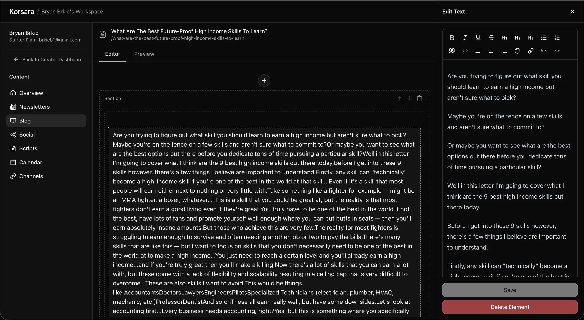 The Korsara blog editor showing the newsletter content carried over into a blog post.