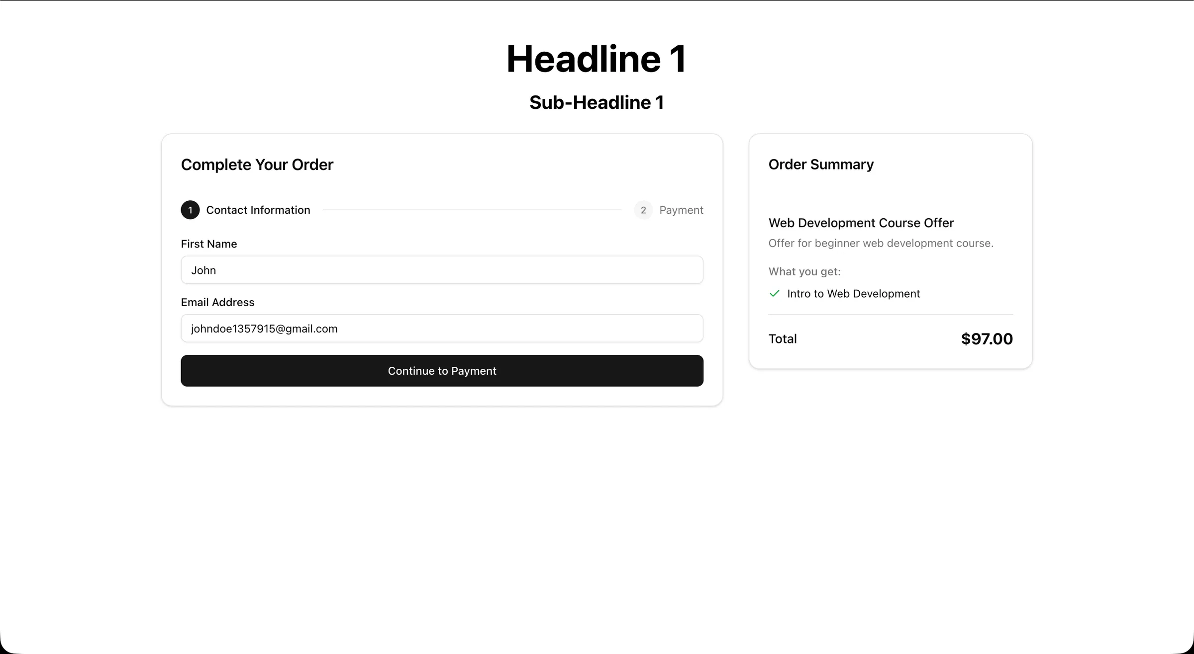 Step one of a two-step checkout on a Korsara landing page, collecting name and email against an order summary.