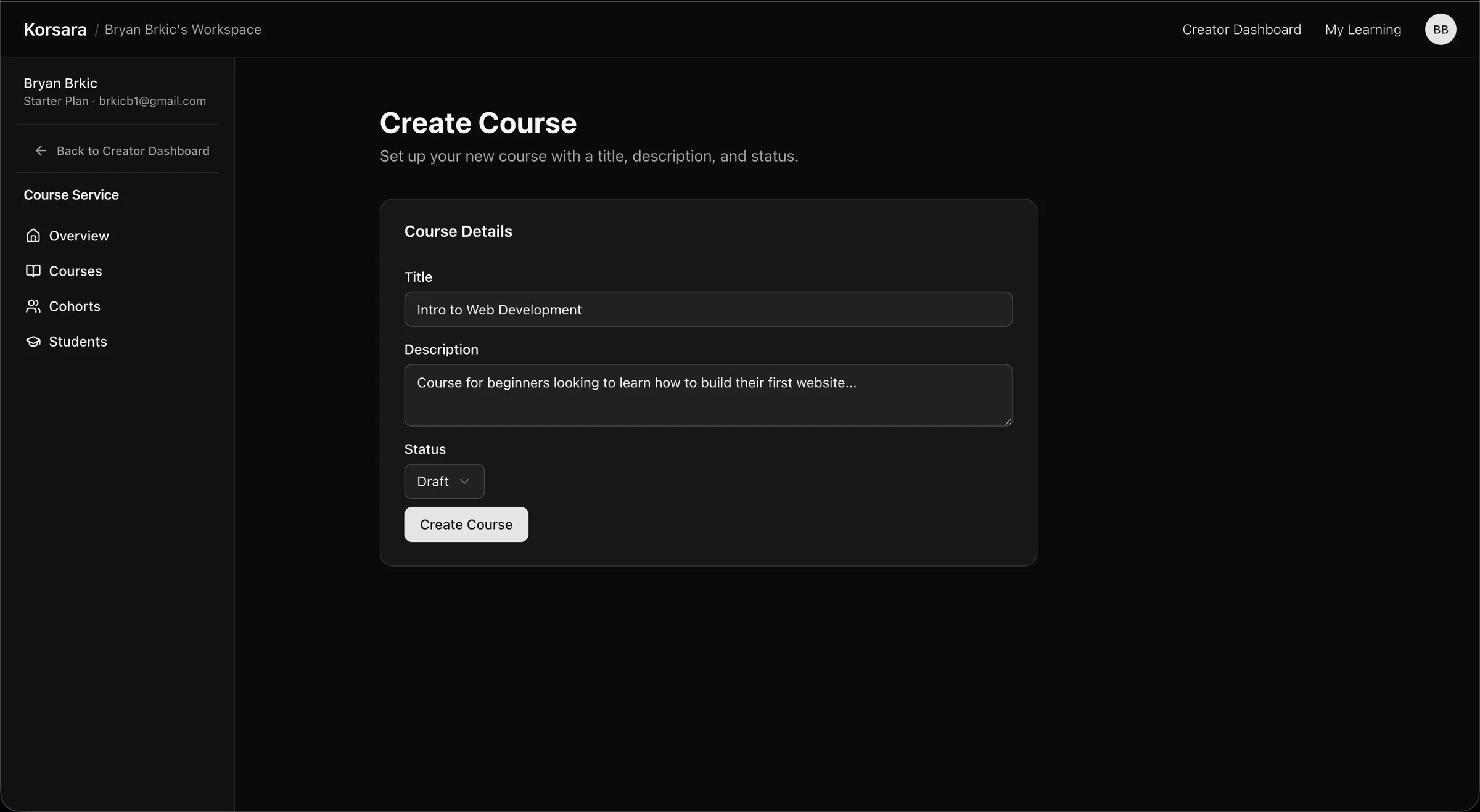 The Korsara course creation screen with fields for title, description and pricing tier.
