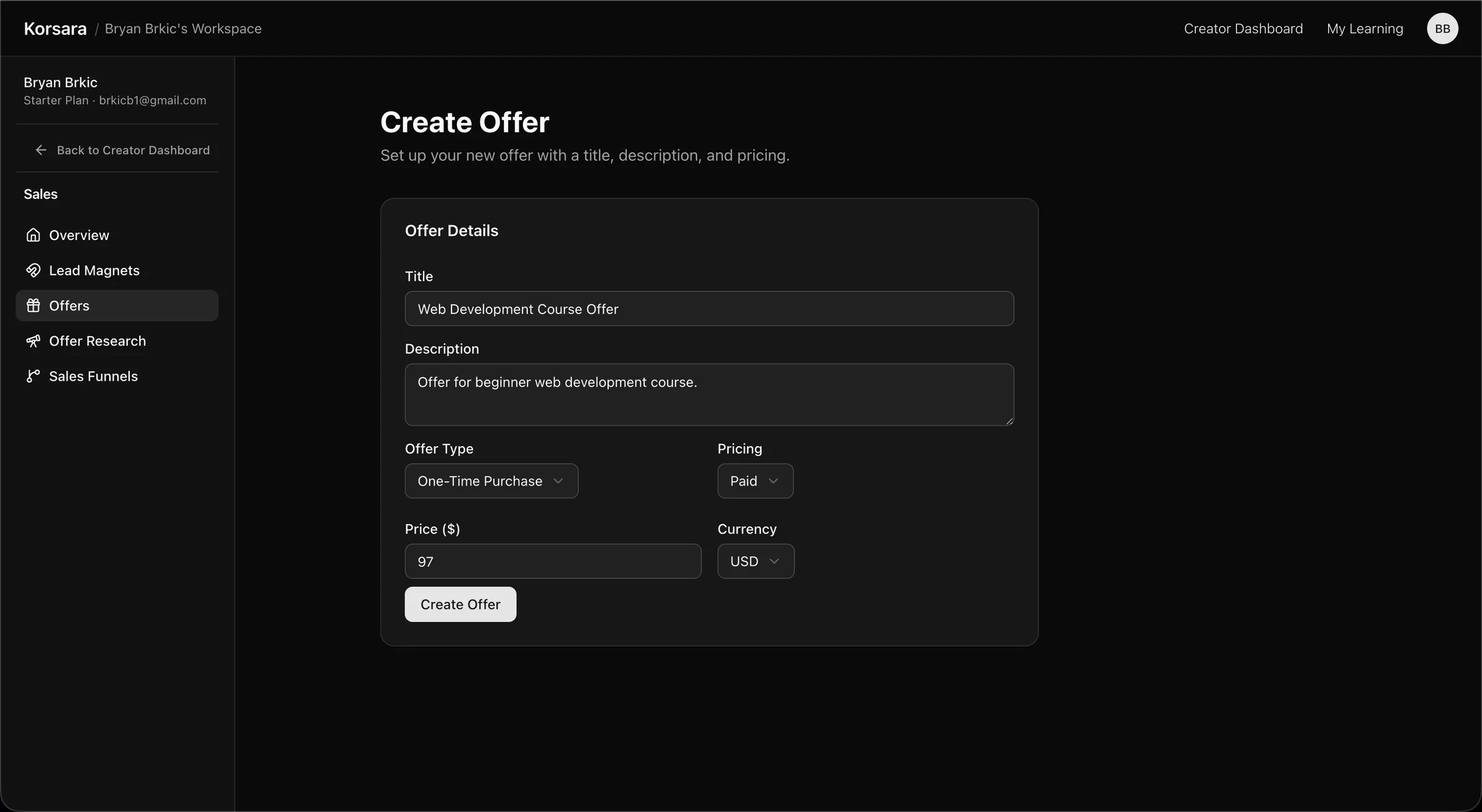 Creating a $97 offer for a web development course in Korsara.