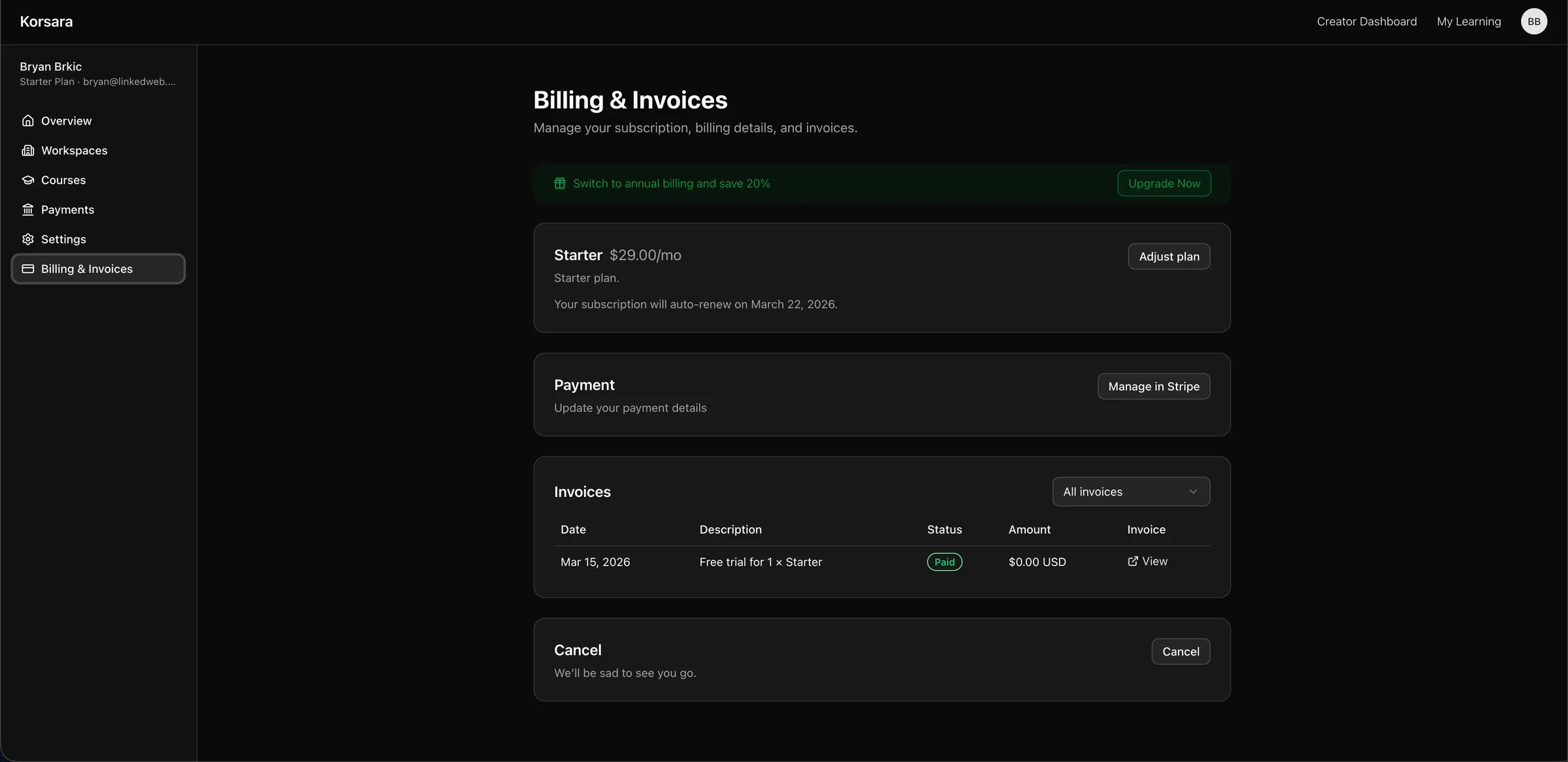 The Korsara billing screen showing invoices and subscription details.