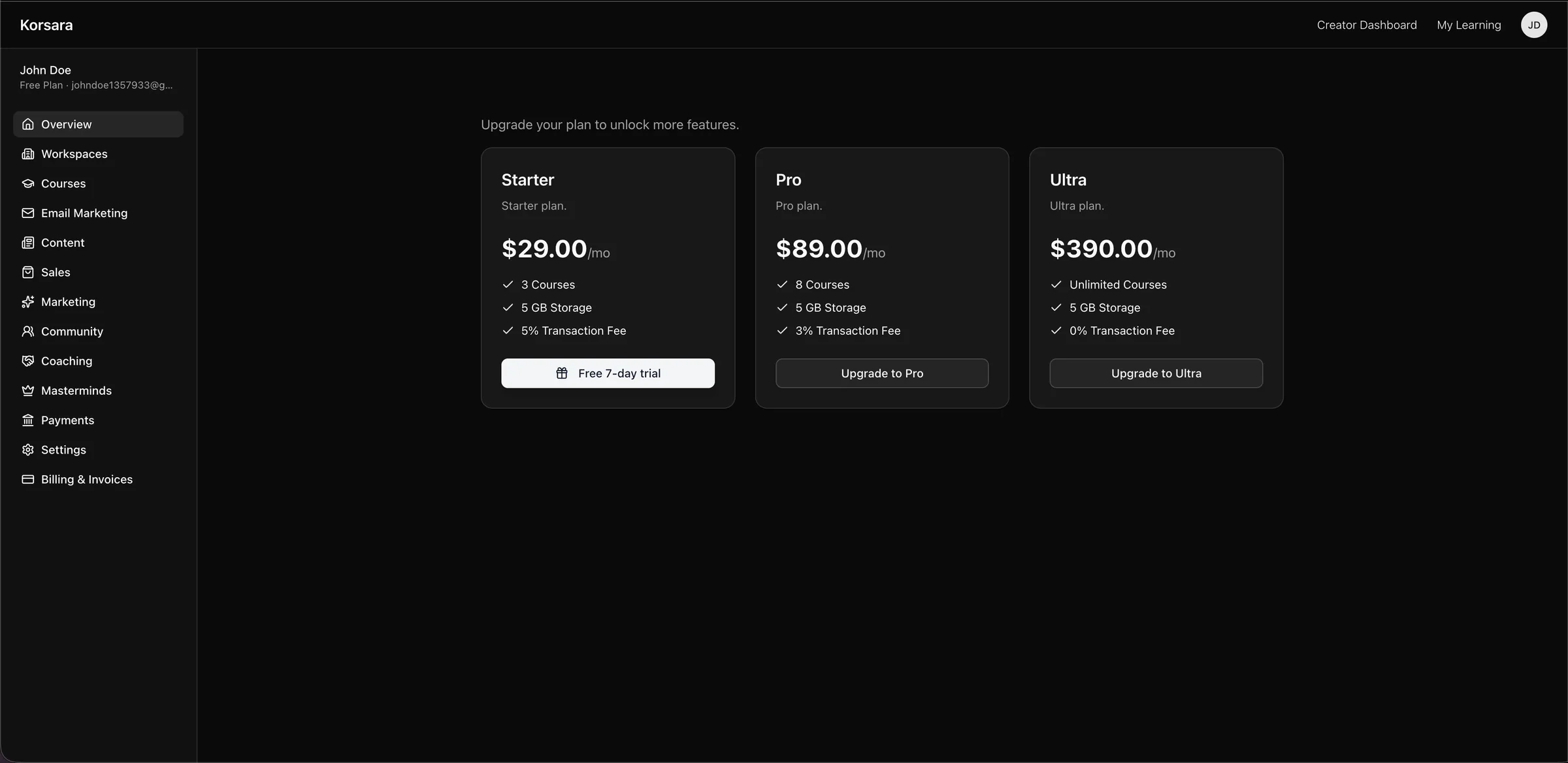 The Korsara creator dashboard showing plan options with pricing tiers and a sidebar of workspace sections.