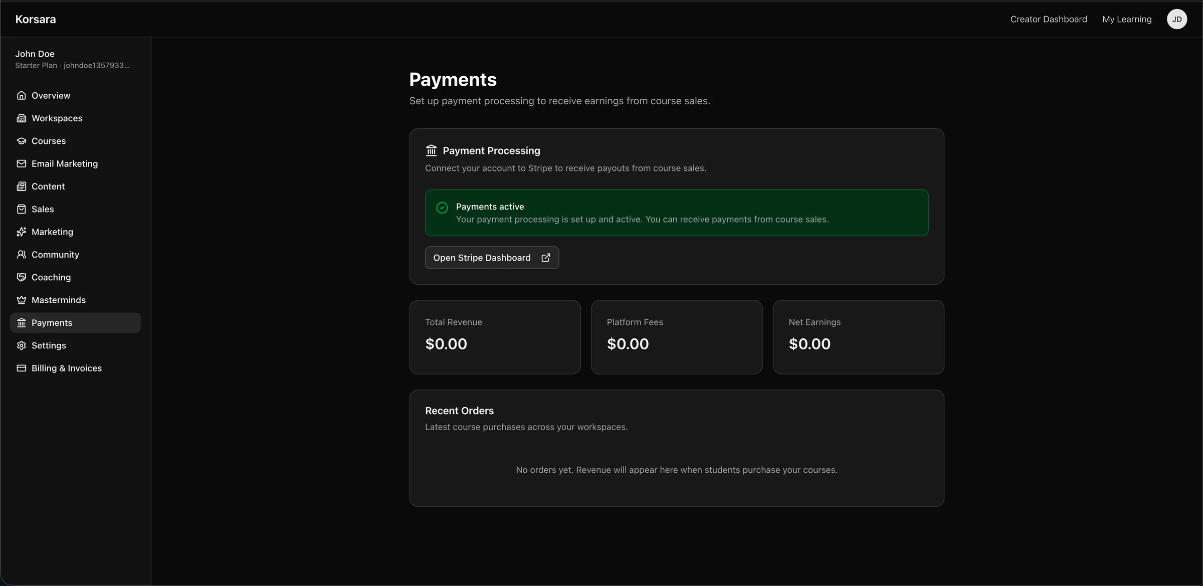 The Korsara payments setup screen confirming a connected Stripe account.