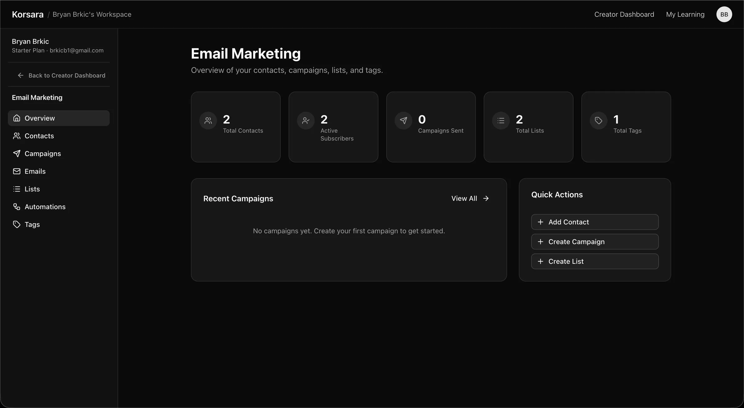 The email marketing overview reflecting stats updated by the automation that fired.