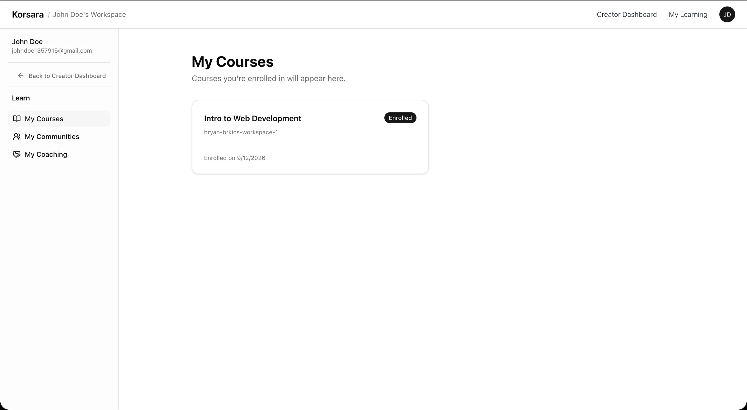 A second Korsara account showing the web development course newly enrolled after purchase.