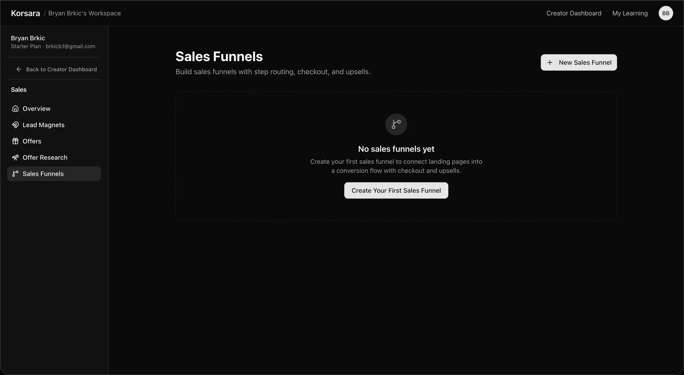 The Korsara sales funnels list with a newly created web development course launch funnel.