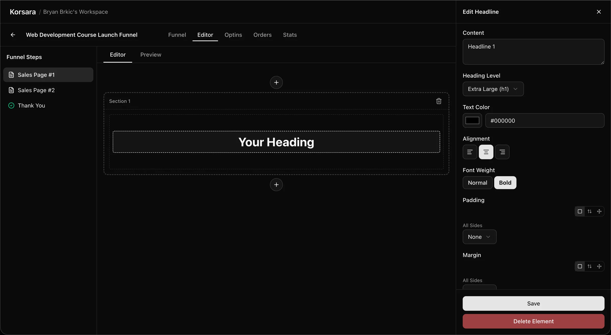 Editing a headline element inside a single-column section of a Korsara landing page.