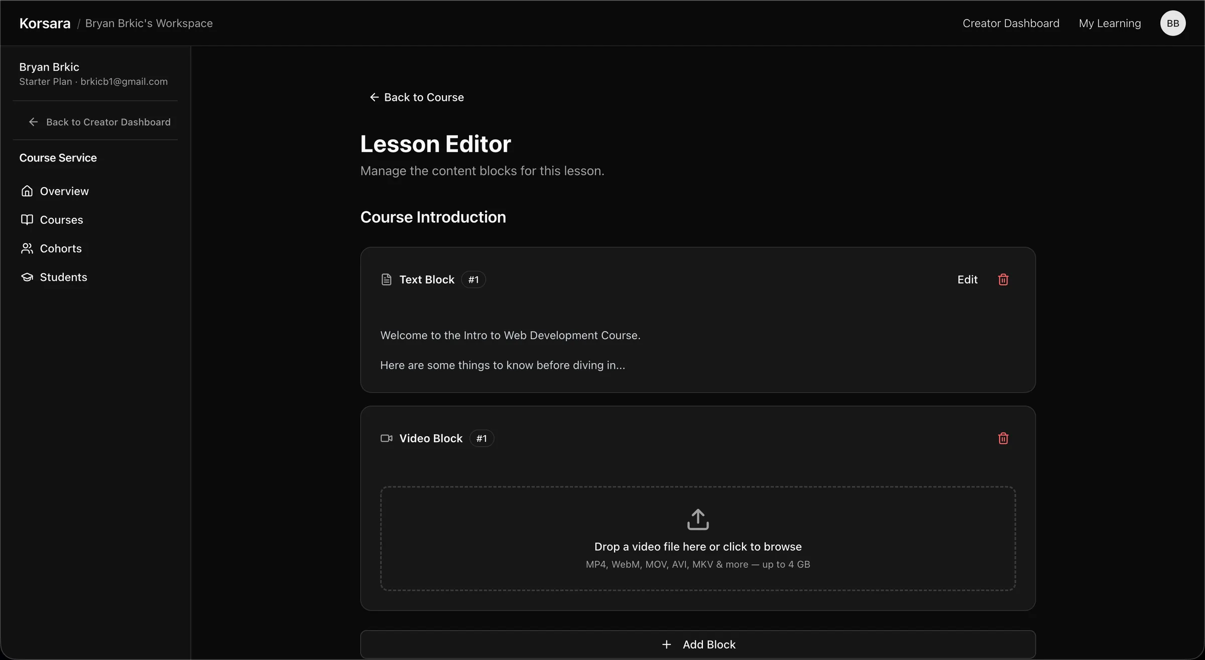 The Korsara lesson editor with a video block added directly below a text block.
