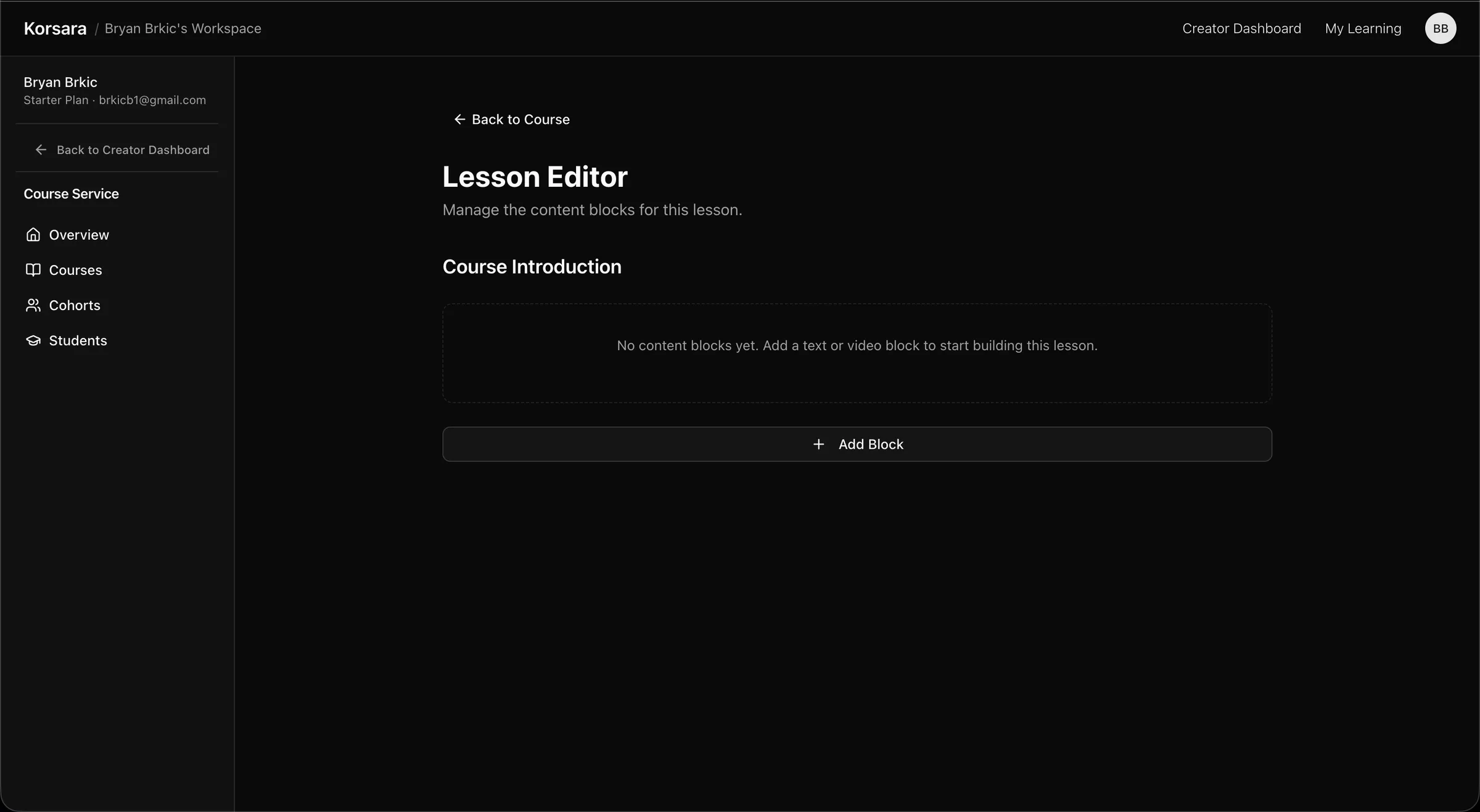 An empty Korsara lesson editor prompting to add a text or video block.