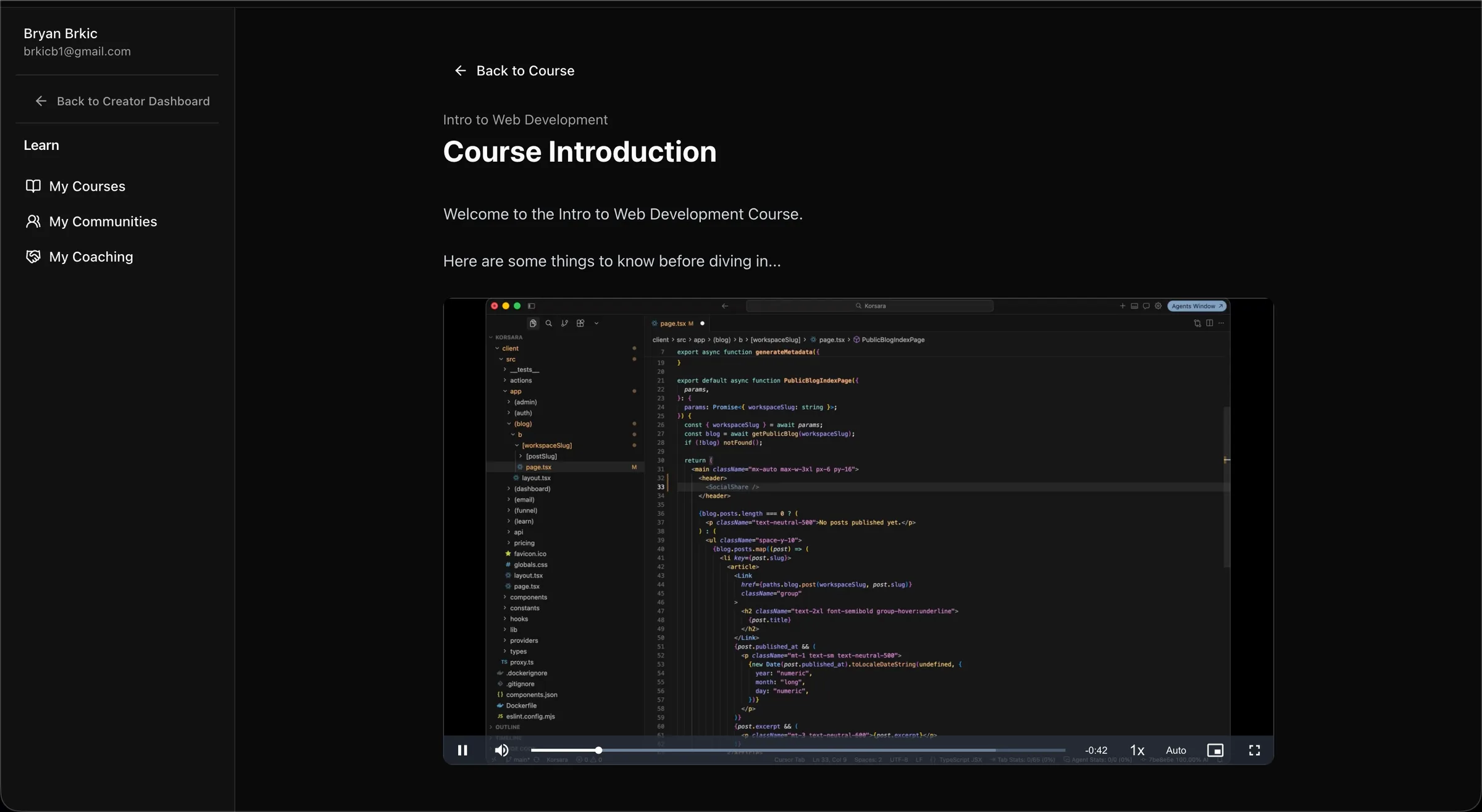 A preview of a Korsara lesson with both text and video blocks, as a student would see it.