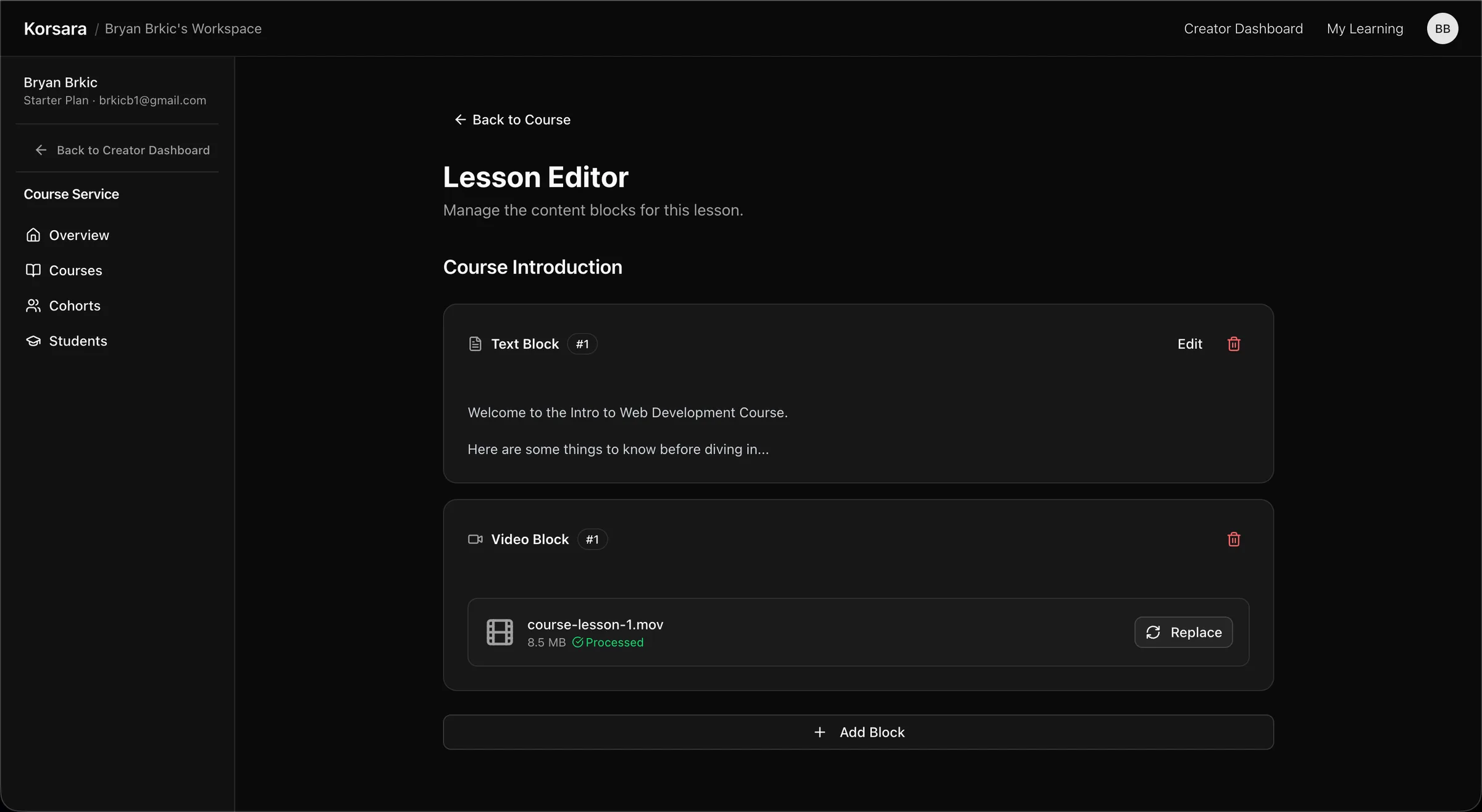 The Korsara lesson editor after a video upload has finished processing.