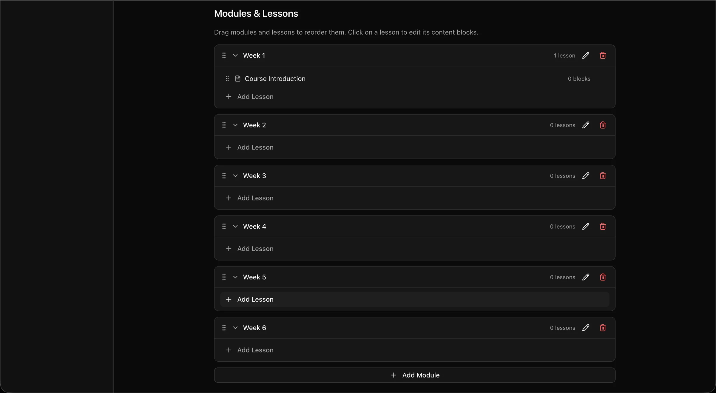 A Korsara course with modules and a lesson added inside one of them.