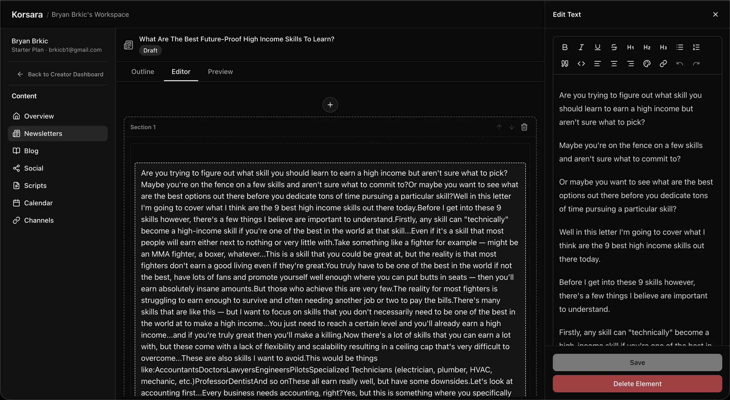 The Korsara newsletter editor showing a block-based writing surface.