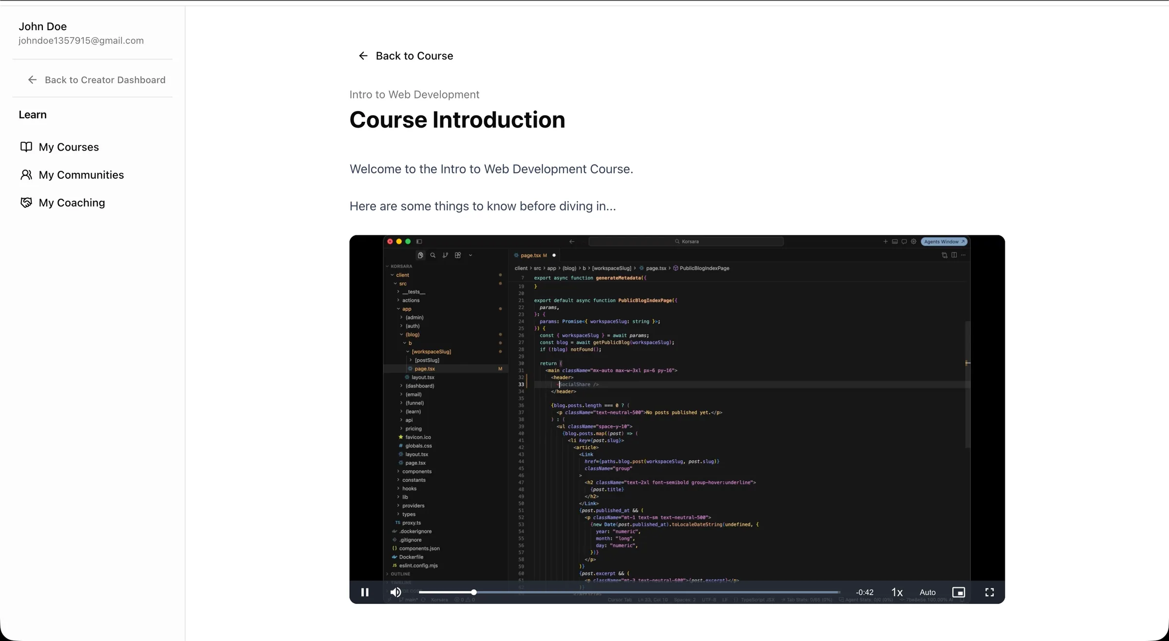 The first lesson of a newly purchased course, showing both text and video blocks.