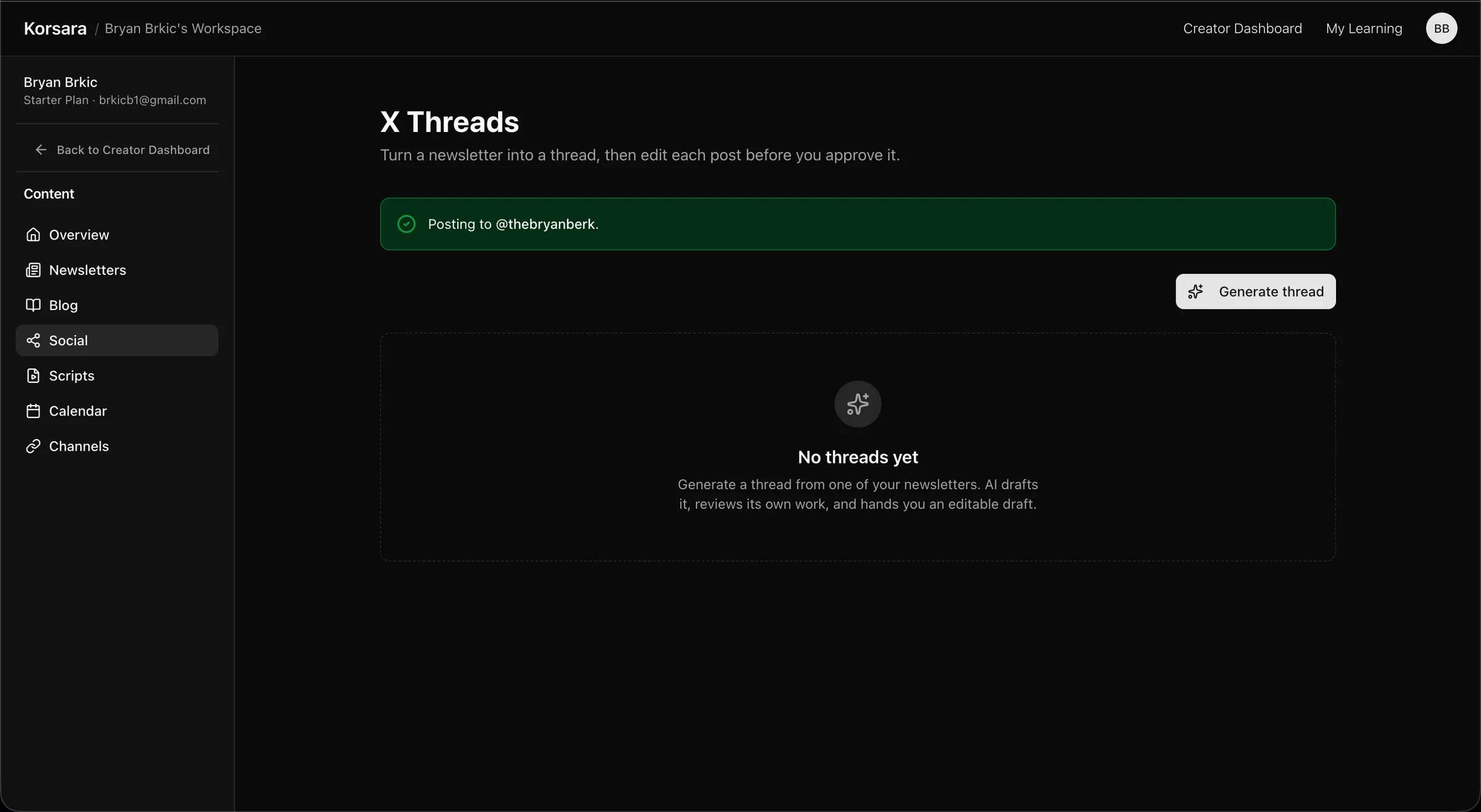 The Korsara X threads list for a workspace's content.