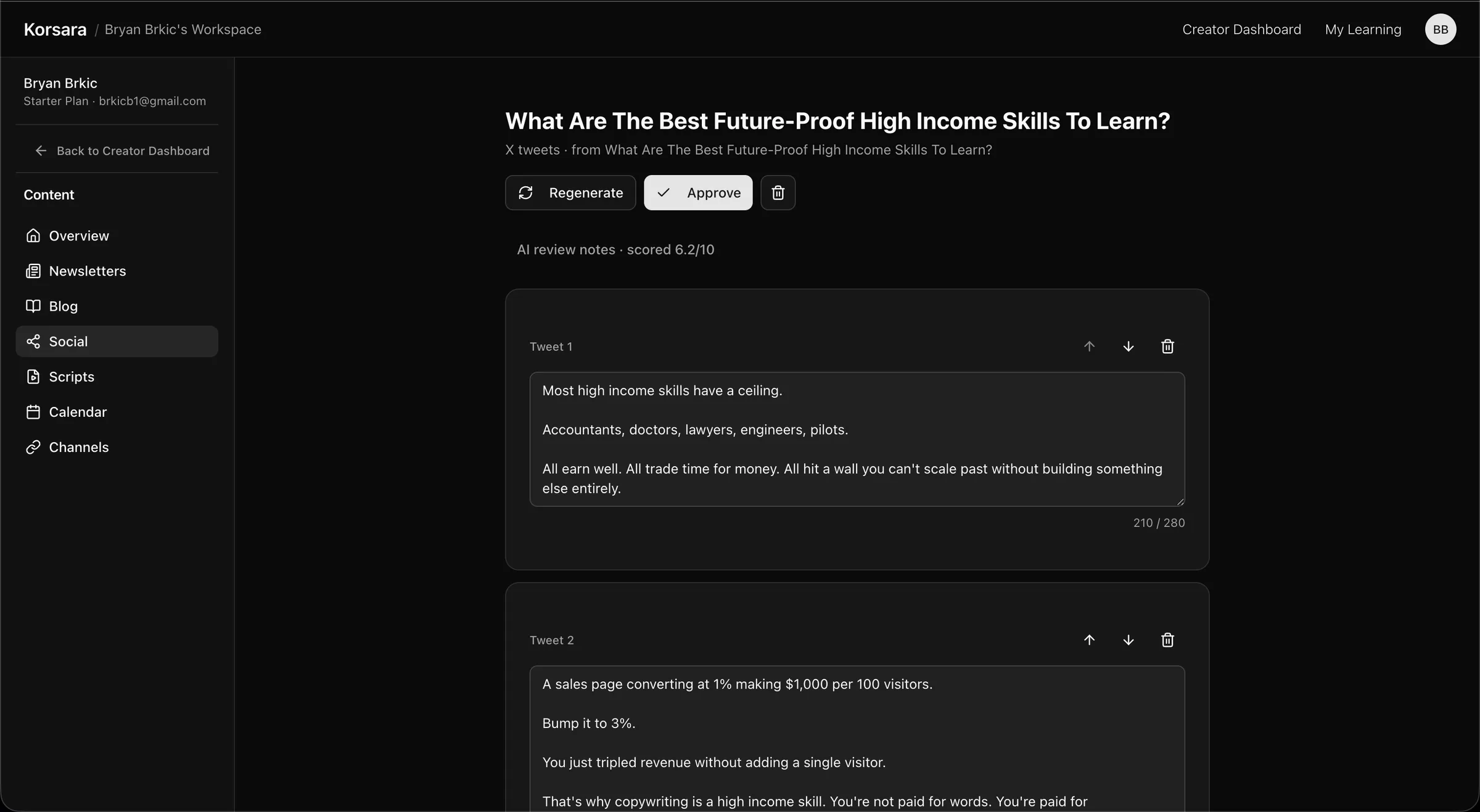 A completed batch of AI-generated tweets sourced from a newsletter, shown as individually editable posts.